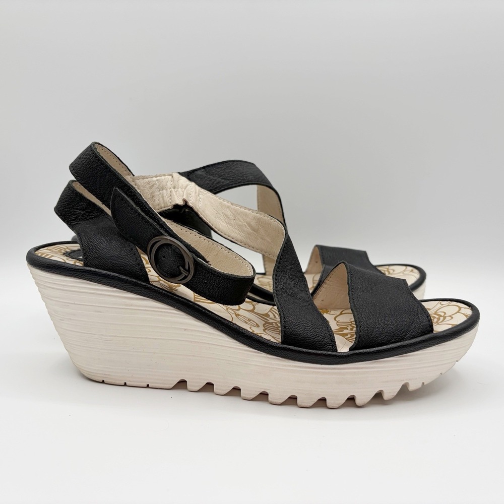 Fly London Black Leather Wedge Sandals Peep Toe Ankle Strap EU 39 US 8.5-9